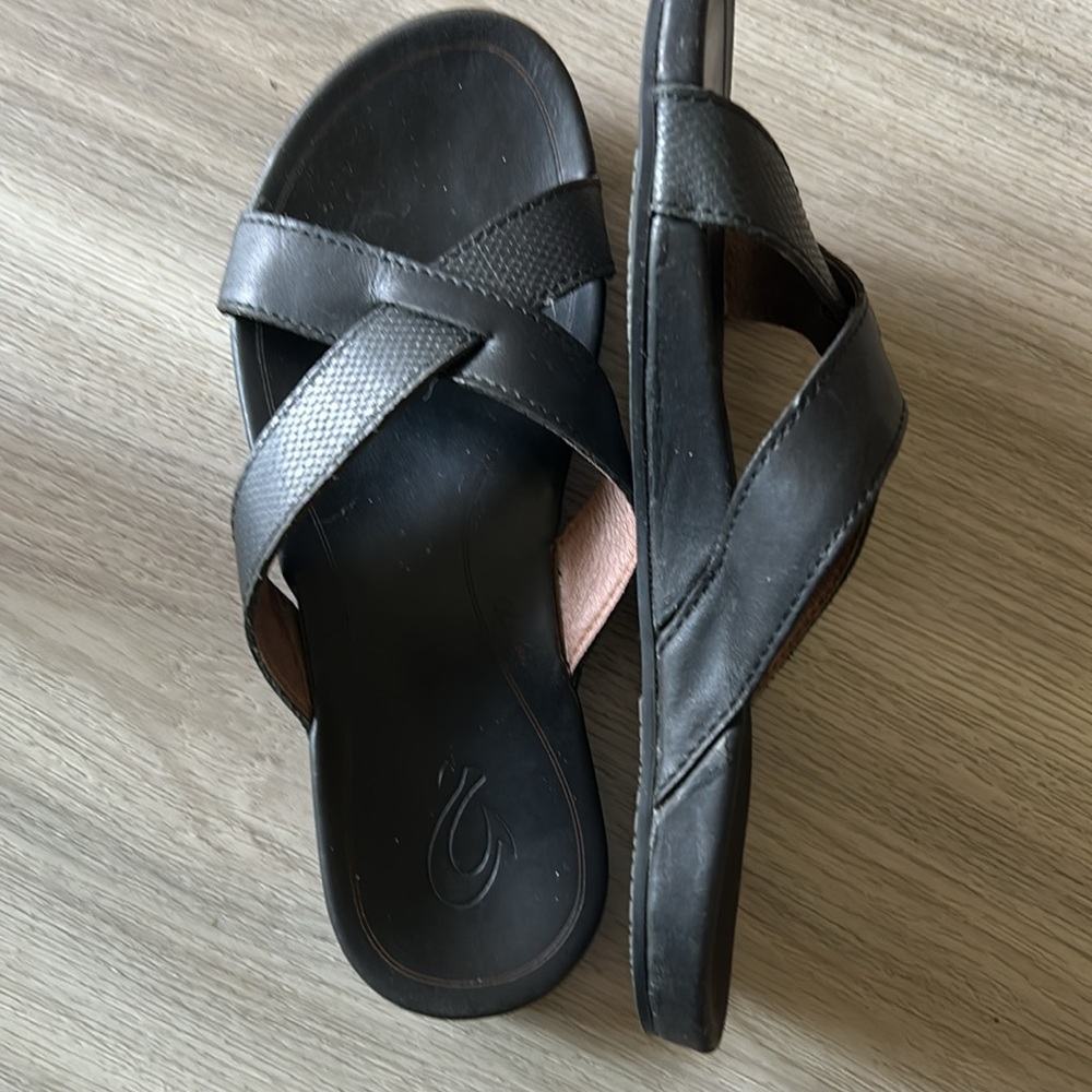 Olukai Women's Black Leather Slide Sandals View 3